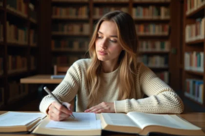 Étudiante comparant deux dissertations de philosophie et de français dans une bibliothèque universitaire