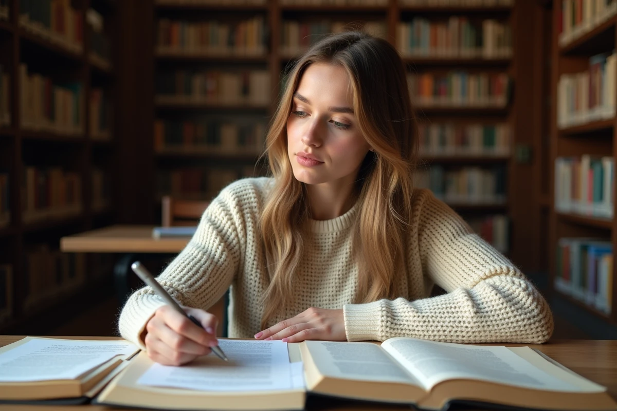 Étudiante comparant deux dissertations de philosophie et de français dans une bibliothèque universitaire