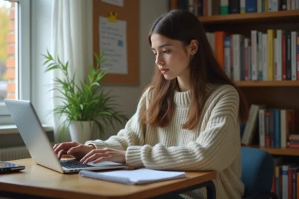 Etudiante assise à son bureau dans une chambre universitaire