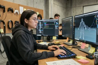 Étudiante en formation jeux vidéo GOBELINS concentrée devant deux écrans affichant du code et un modèle 3D