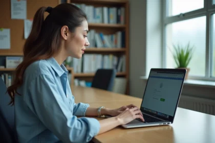 Étudiante connectée à sa messagerie académique ac-Amiens sur un ordinateur portable dans un bureau universitaire