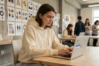 Étudiante en design graphique configurant son accès MJMCloud sur son ordinateur portable lors de sa première rentrée à MJM Graphic Design