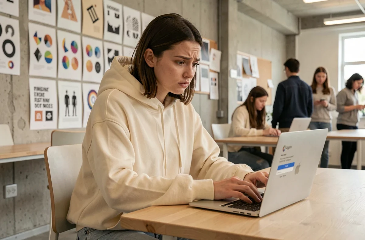Étudiante en design graphique configurant son accès MJMCloud sur son ordinateur portable lors de sa première rentrée à MJM Graphic Design