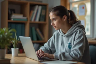 Étudiante se connectant pour la première fois au portail mycampus sur son ordinateur portable dans une chambre universitaire
