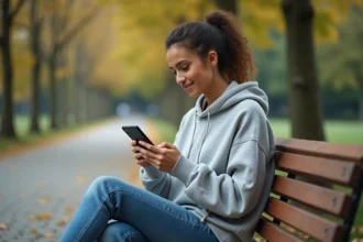 Étudiante de PSB suivant ses cours en ligne sur smartphone dans un parc urbain en automne