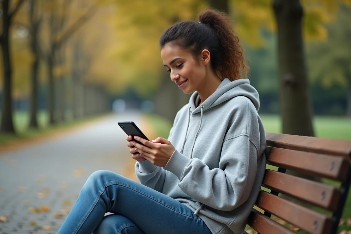 Étudiante de PSB suivant ses cours en ligne sur smartphone dans un parc urbain en automne