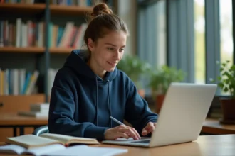 Étudiante de Sciences Po Bordeaux consultant ses identifiants notés dans un carnet personnel devant son ordinateur portable en bibliothèque universitaire