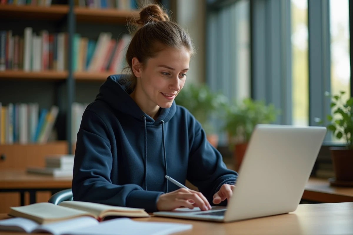 Étudiante de Sciences Po Bordeaux consultant ses identifiants notés dans un carnet personnel devant son ordinateur portable en bibliothèque universitaire