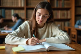 Étudiante étudiant le subjonctif imparfait espagnol dans une bibliothèque universitaire avec un manuel de grammaire annoté