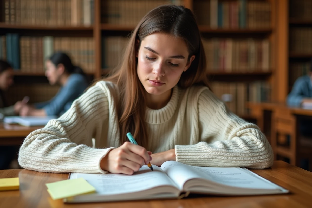 Étudiante étudiant le subjonctif imparfait espagnol dans une bibliothèque universitaire avec un manuel de grammaire annoté