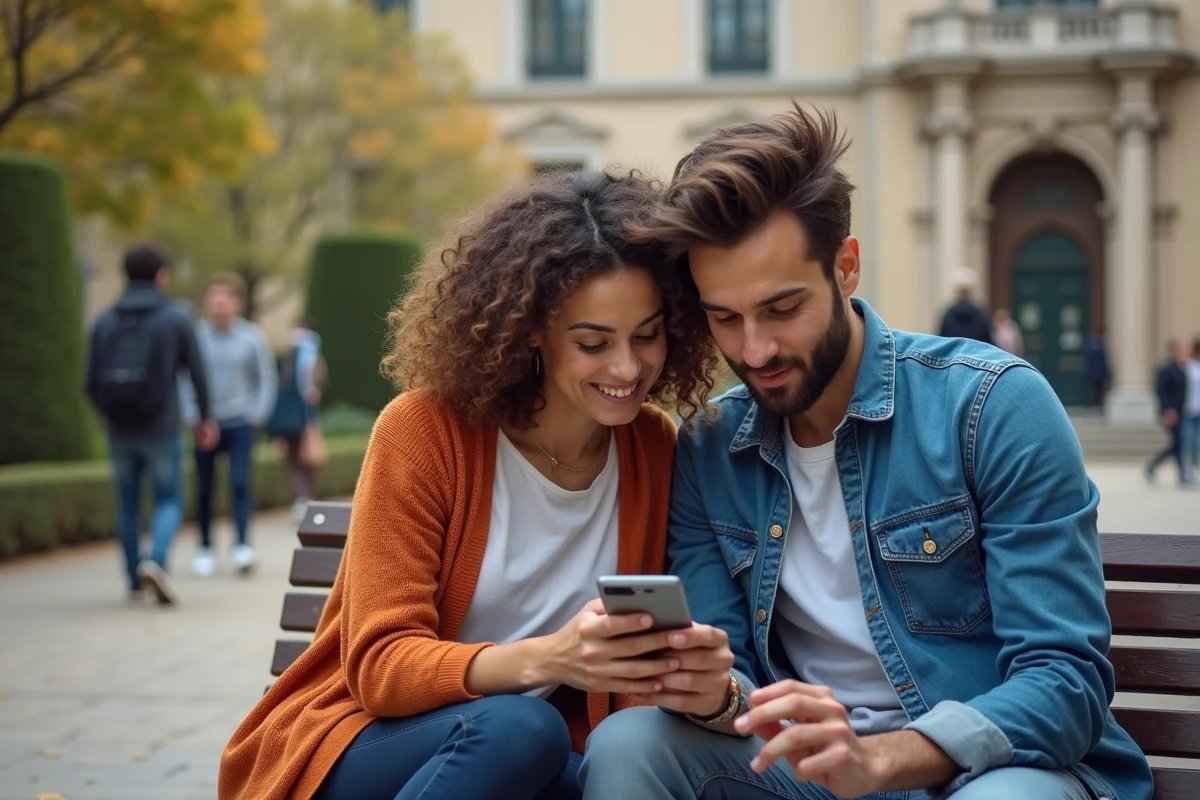 Deux étudiants de Sciences Po Bordeaux consultant ensemble les informations de connexion à l'ENT sur un smartphone en extérieur sur le campus
