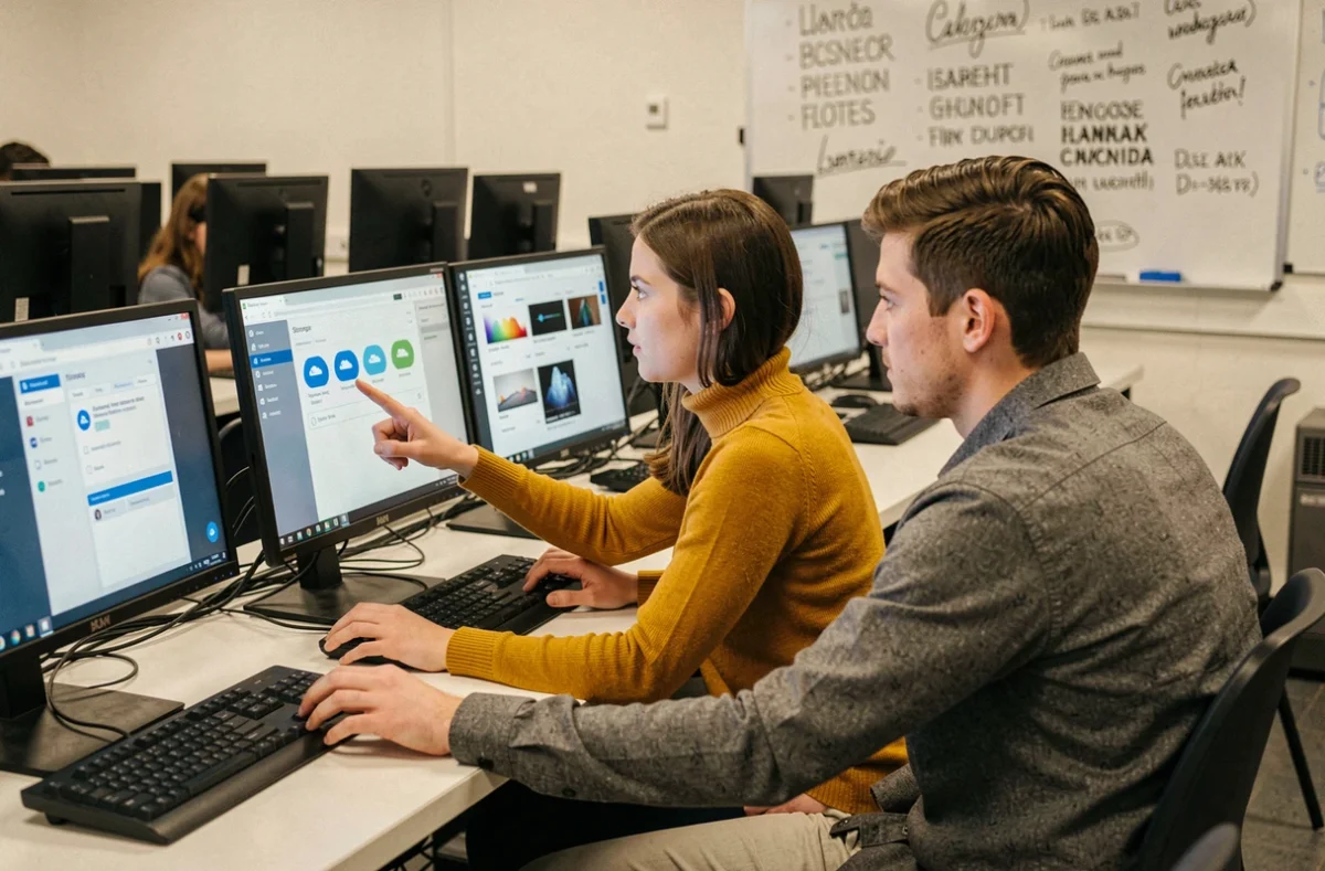 Deux étudiants en design graphique s'entraidant pour configurer leur accès MJMCloud sur les postes informatiques de l'école MJM à la rentrée