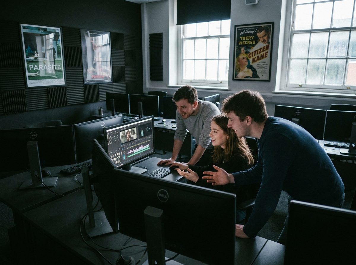 Groupe d'étudiants en cinéma collaborant autour d'un écran de montage vidéo dans une salle de post-production