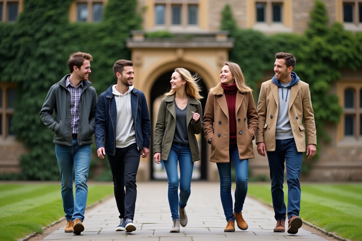 Groupe d'étudiants universitaires en promenade dans un campus historique