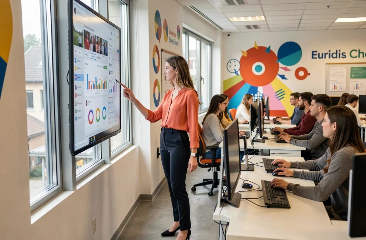 Étudiante présentant un tableau de bord marketing digital dans la salle connectée d'Euridis Business School campus Grenoble