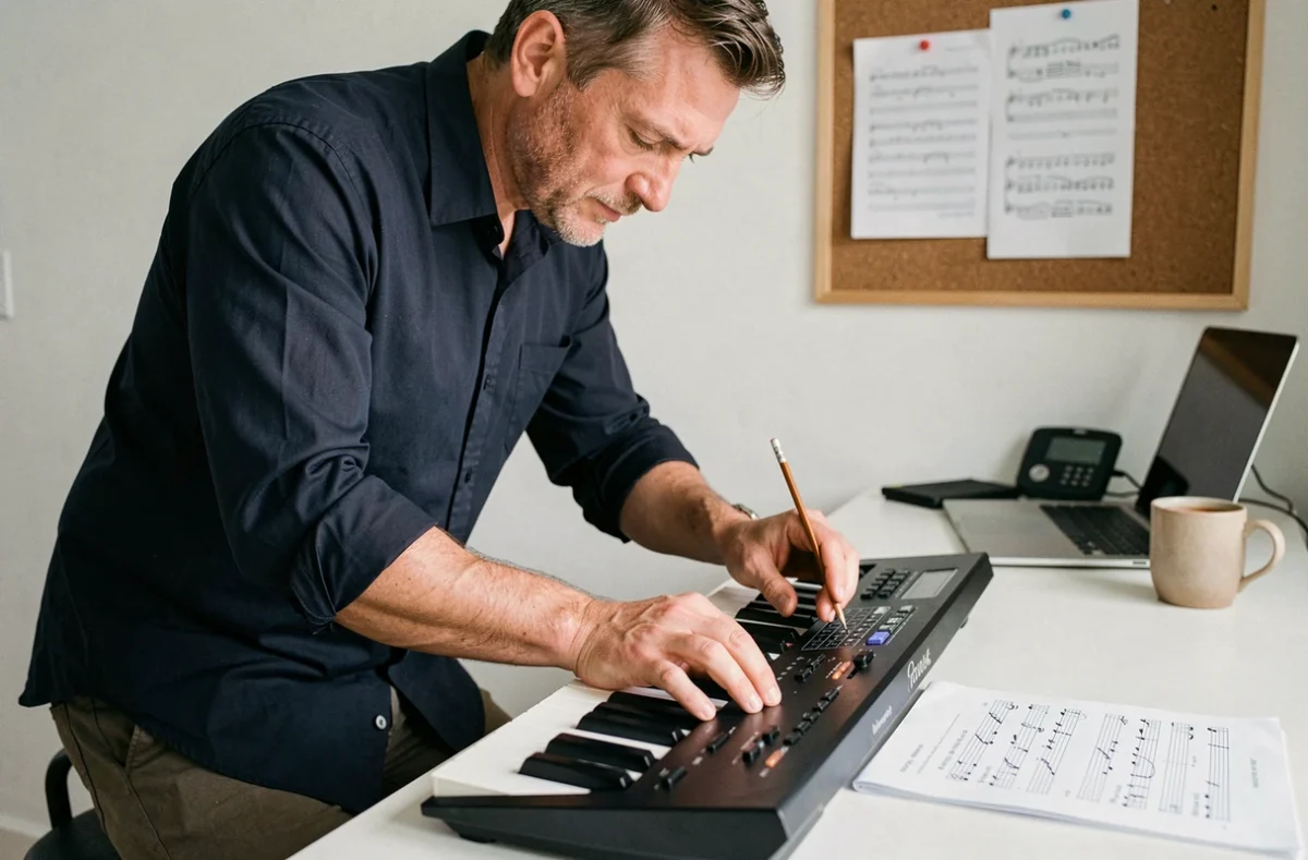 Homme adulte annotant des exercices de lecture en clef de FA sur un clavier numérique dans un home studio moderne et organisé