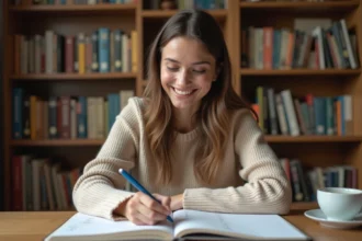 Jeune femme révisant les exercices du passé simple du verbe tener dans un cahier de conjugaison espagnole