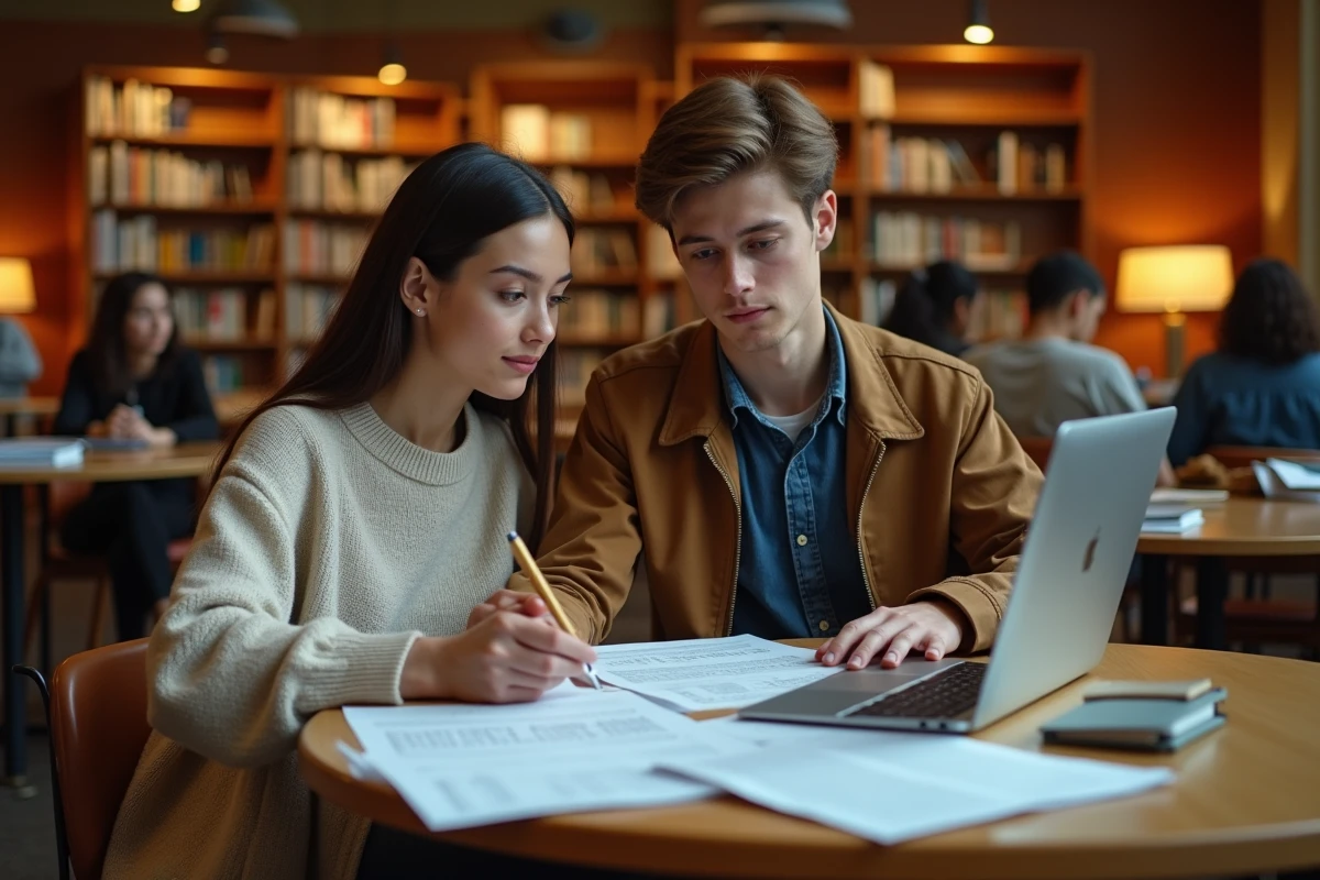 Deux étudiants consultant les procédures d'inscription à l'extranet ESG dans une bibliothèque universitaire