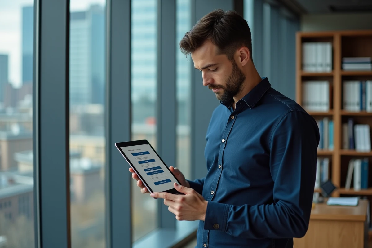 Homme consultant un formulaire d'inscription ESG sur tablette dans un bureau professionnel moderne