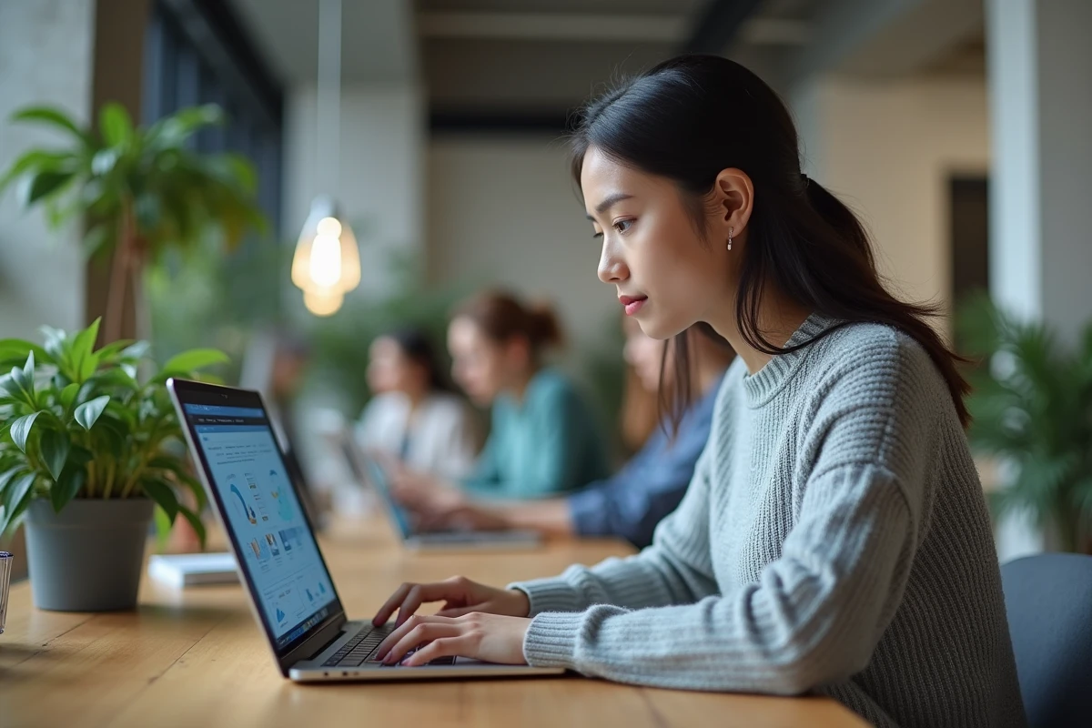 Jeune femme consultant l'extranet ESG sur un ordinateur portable dans un espace de coworking moderne