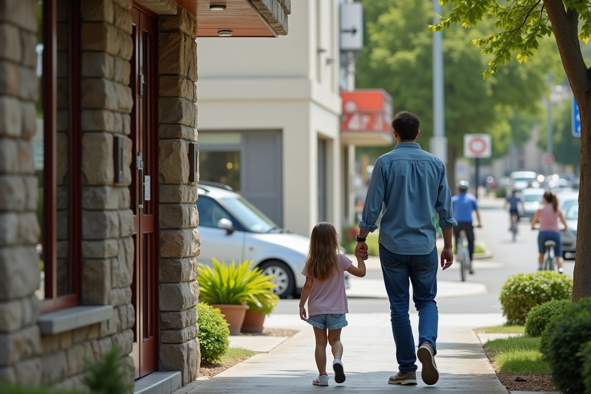 Famille devant un bâtiment municipal en milieu suburbain