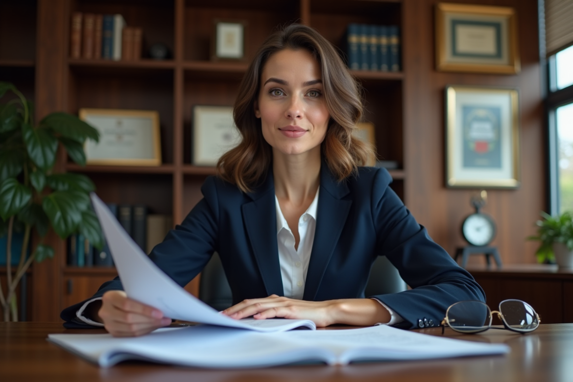 Femme d'affaires confiante en costume bleu marine dans un bureau moderne