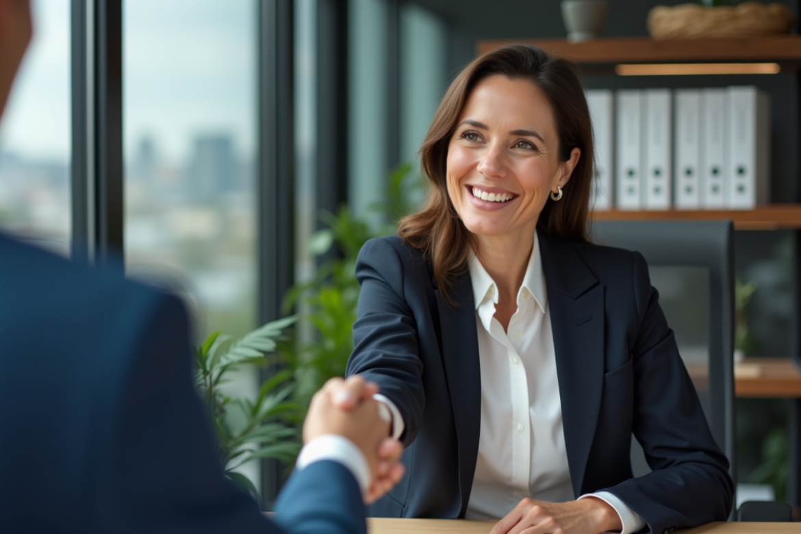 Femme d'affaires souriante serre la main d'un client dans un bureau moderne
