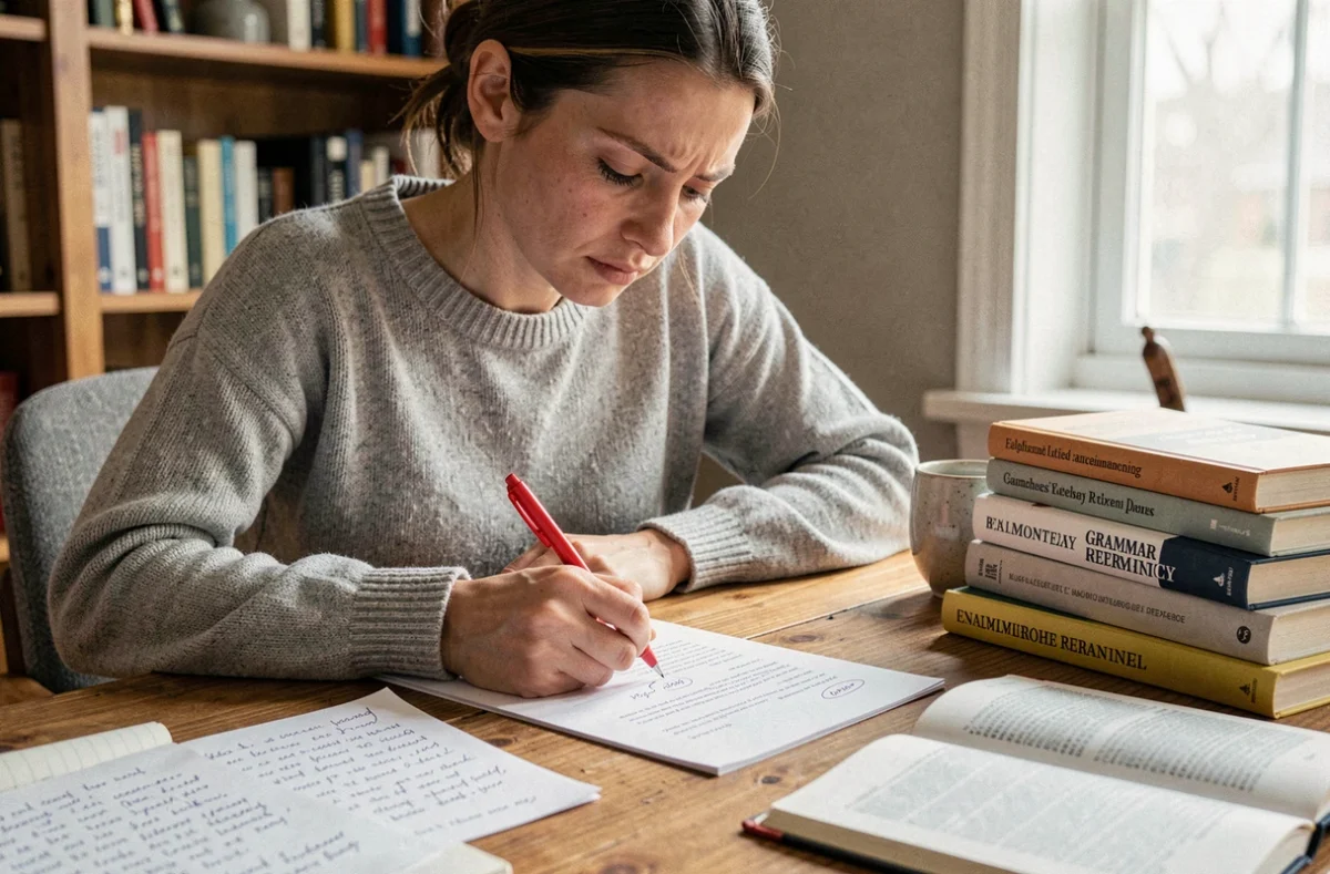 Femme annotant un document avec des connecteurs logiques à son bureau, entourée de livres de grammaire et de notes manuscrites