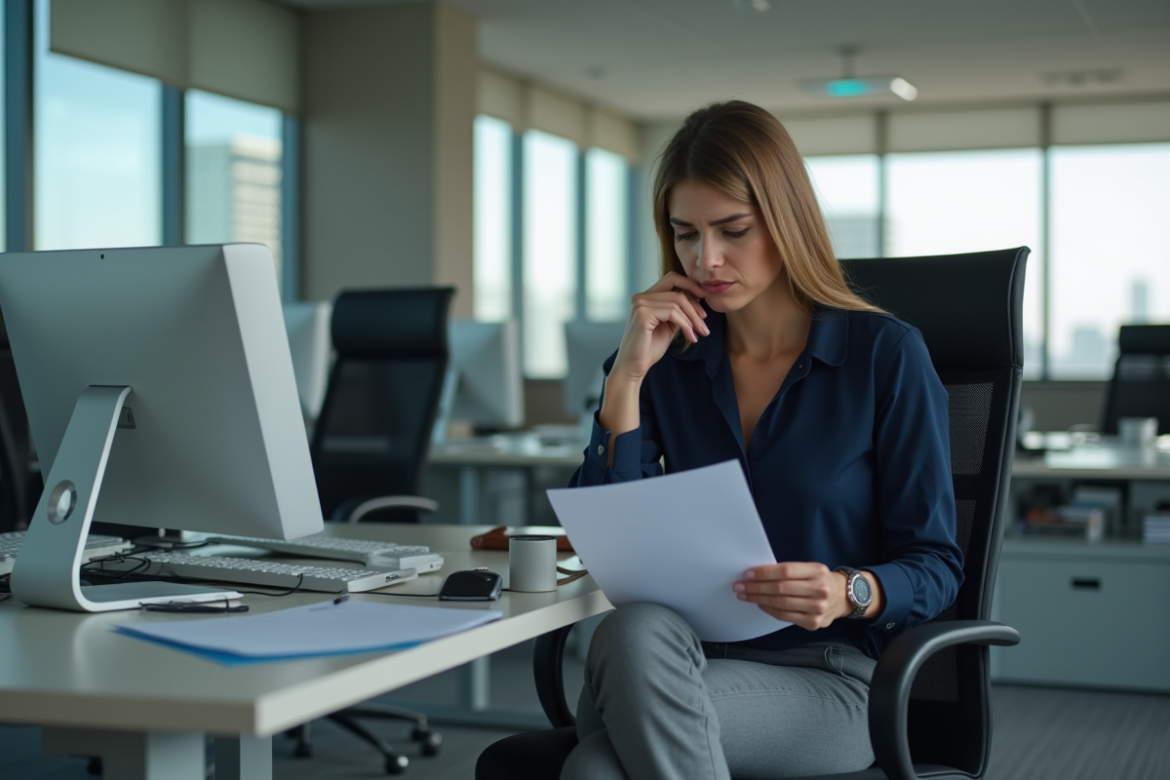 Femme au bureau examinant un contrat de travail avec souci