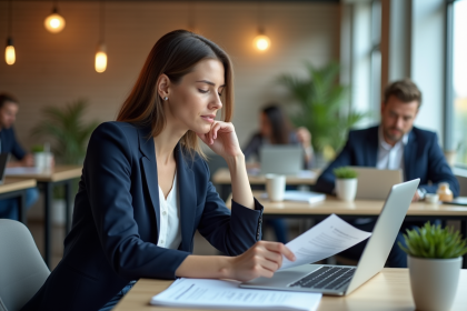 Femme en blazer navy travaillant dans un espace coworking