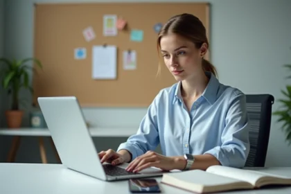 Jeune femme au bureau regardant son ordinateur portable