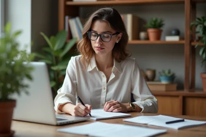 Jeune femme française en bureau lumineux en train de prendre des notes