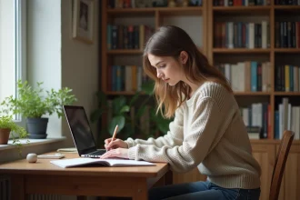 Jeune femme au bureau prenant des notes avec ordinateur