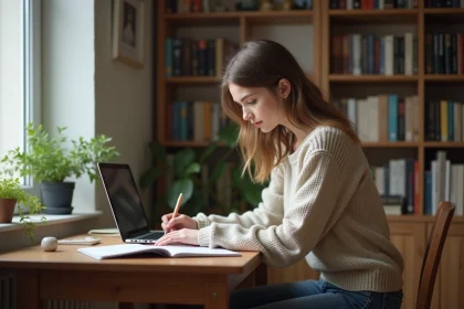 Jeune femme au bureau prenant des notes avec ordinateur
