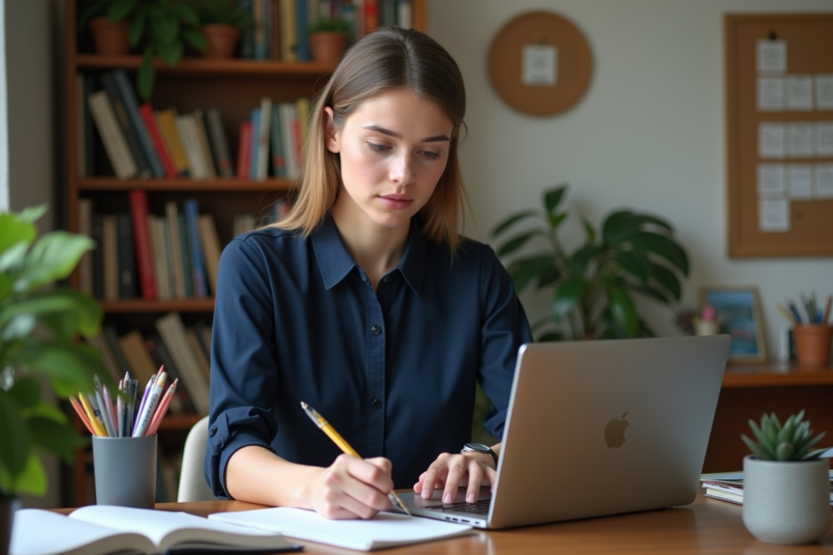 Jeune femme au bureau en train de taper sur un ordinateur