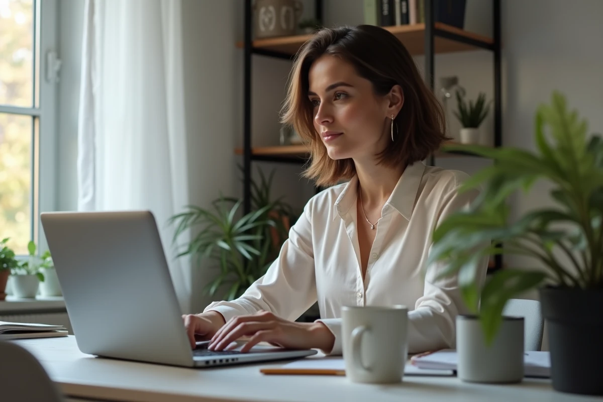 Femme au bureau regardant son ordinateur portable
