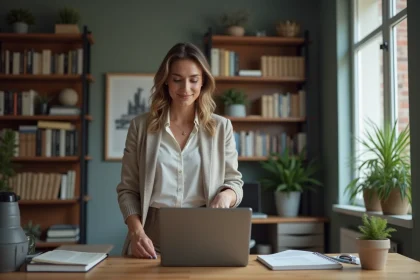 Femme confiante en bureau moderne avec tablette et portfolio