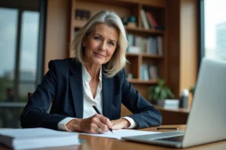 Femme cadre signant une lettre de recommandation professionnelle à son bureau dans un bureau moderne