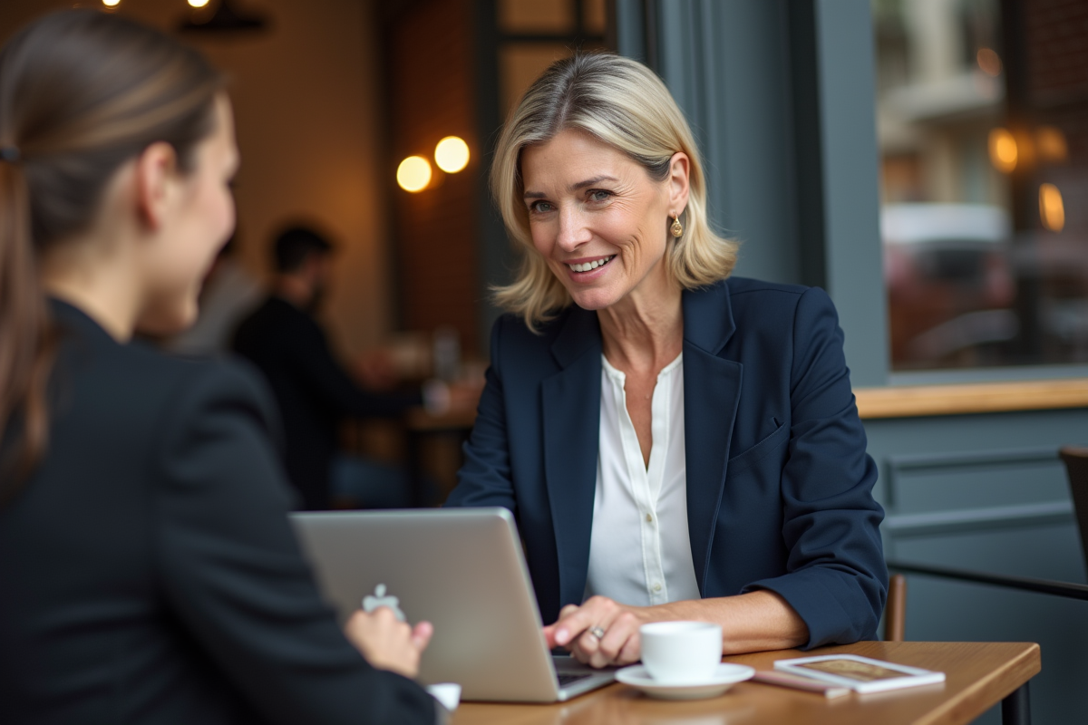 Femme d age moyen pointant un diplôme sur un ordinateur au café