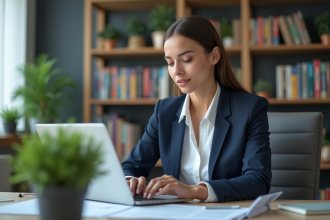 Femme professionnelle mettant à jour son CV sur un ordinateur
