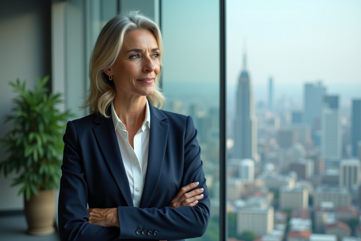 Femme CEO contemplant la skyline urbaine depuis son bureau