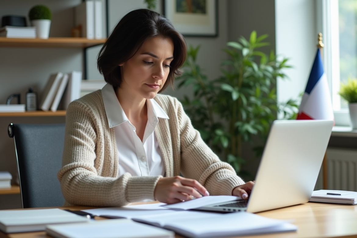 Femme concentrée examinant des papiers et un ordinateur