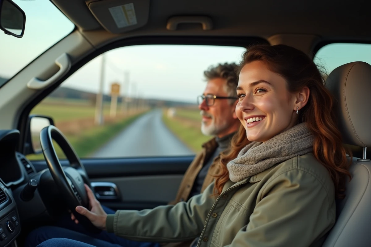 Jeune femme souriante dans sa voiture avec passager