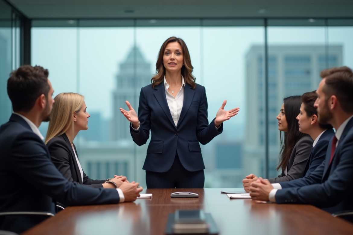 Femme en costume navy lors d'une réunion d'affaires