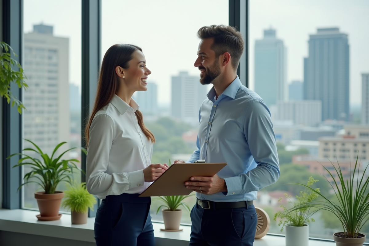 Jeune femme avec un collègue lors d
