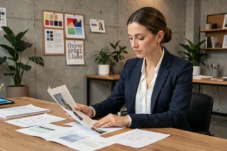 Femme designer en blazer marine étudiant un devis de formation design à son bureau dans un studio moderne