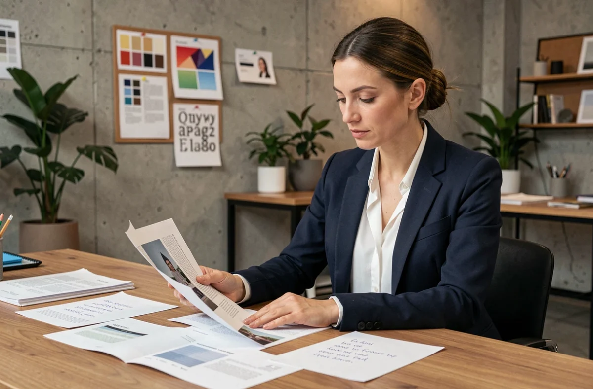 Femme designer en blazer marine étudiant un devis de formation design à son bureau dans un studio moderne