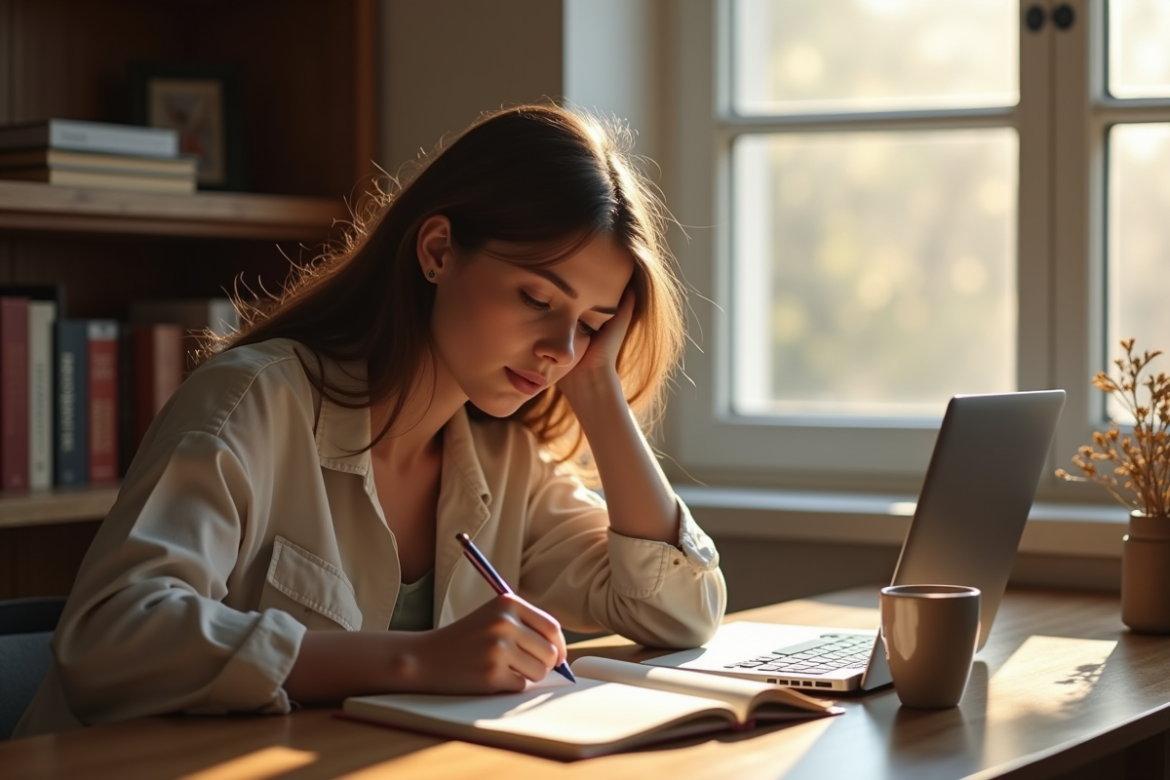 Jeune femme écrivant dans un carnet à son bureau lumineux