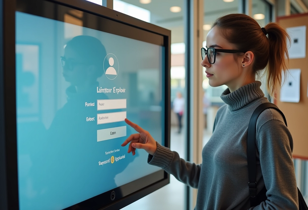 Femme étudiante utilisant un kiosque numérique à l