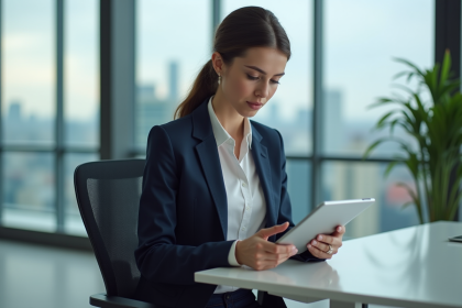 Jeune femme d'affaires en bureau moderne avec tablette